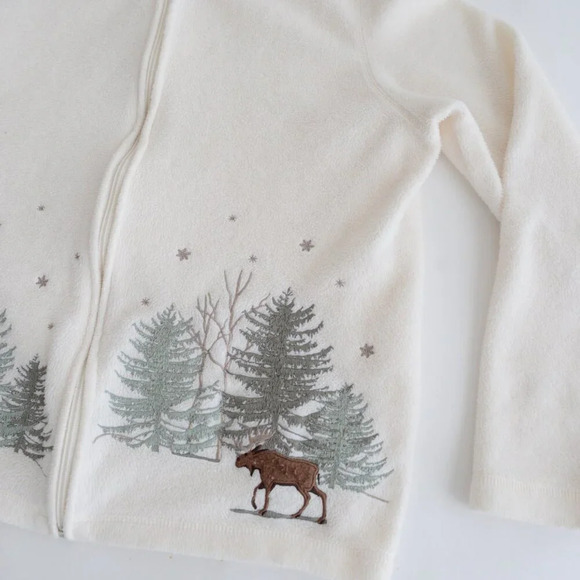 Vintage Croft And Barrow Cream Embroidered Moose Forest Zip Cardigan Sweater M - Picture 6 of 9